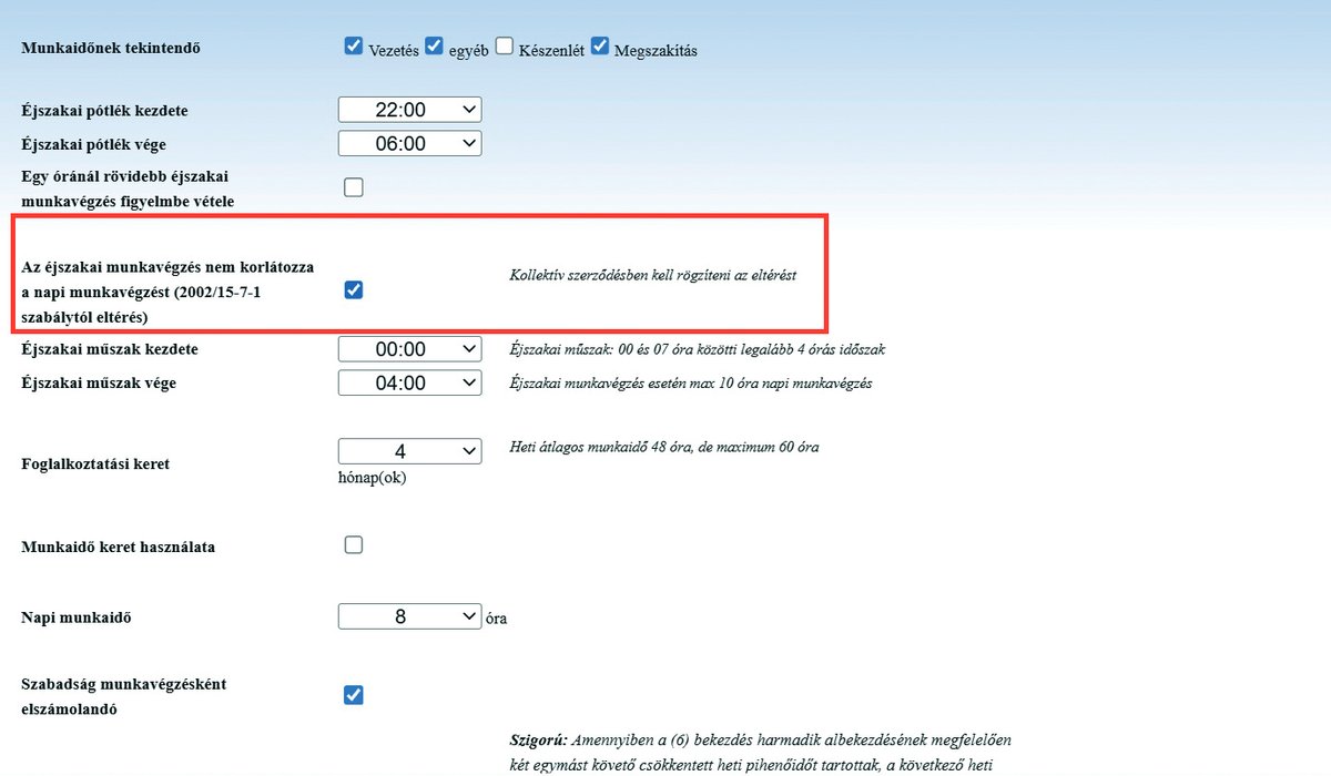 AETRControl éjszakai munka beállítása